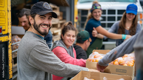 Group volunteer working.Smiling of volunteers packing food into cardboard boxes outside truck. photo