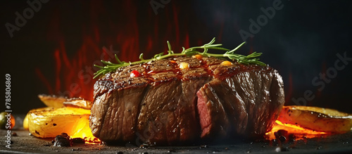 grilled beef steak on a dark background. photo