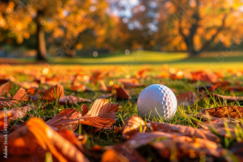 Golf ball on green of golf course in Autumn.