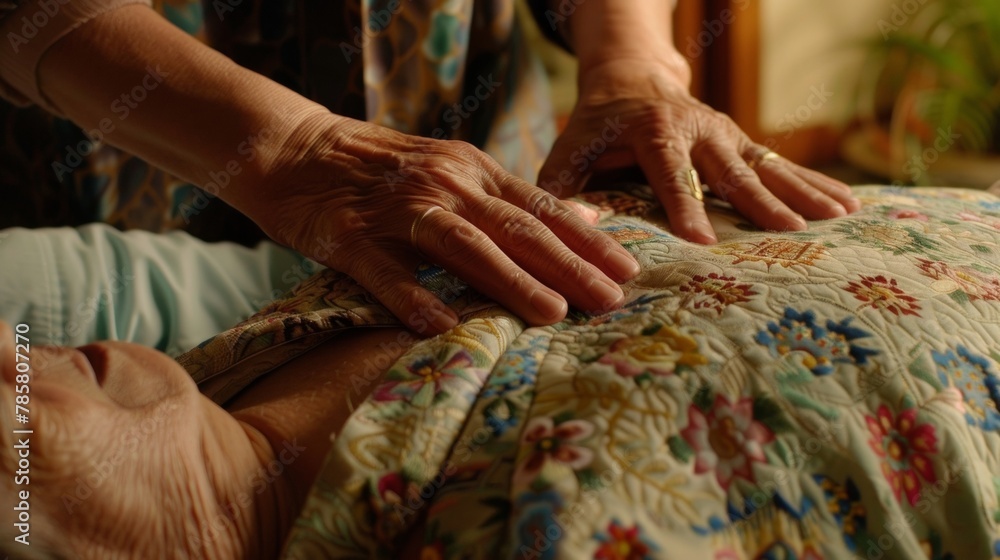 A closeup of a healers hands on a patients back delicately manipulating pressure points with skilled precision. The patients face is relaxed and peaceful hinting at the release of . A closeup of a healers hands on a patients back delicately manipulating pressure points with skilled precision. The patients face is relaxed and peaceful hinting at the release of .