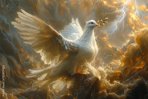 A white dove with an olive branch in its mouth. Noah's Ark, a violent storm, and a sky filled with lightning. A crack in the sky through which light shines. Concept of Noah's Ark from the Old Testamen photo