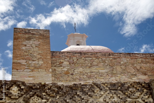 Decorative fretwork on the wall below the Church of San Pedro in Mitla  in San Pablo Villa de Mitla  Oaxaca  Mexico