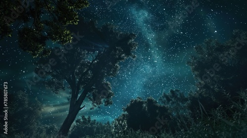 Beautiful night sky with stars and trees. .AI generated image