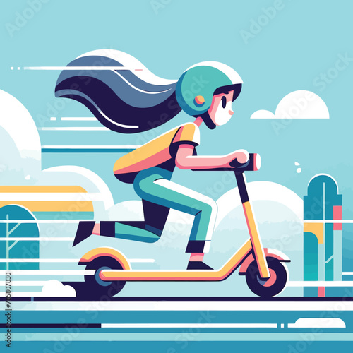 illustration of a girl riding a scooter fast in a flat design style