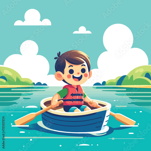 illustration of a little boy playing on a lake with a boat in flat design style © Ngilustrasi
