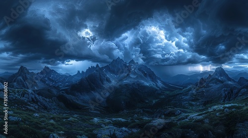 Dark storm clouds over the majestic mountains and flashes of lightning illuminate the horizon. Generative AI