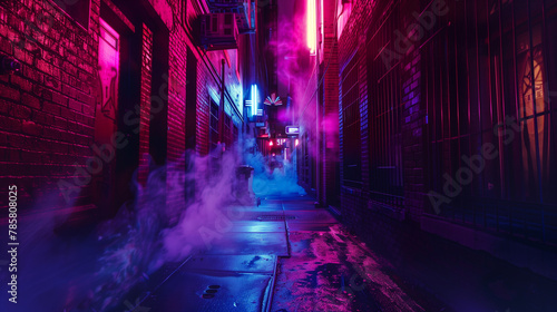 A neon city street with a wet sidewalk. The street is lit up with neon lights and the atmosphere is mysterious and intriguing