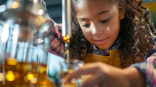 A young girl carefully pours a small amount of cooking oil into a mini biofuel reactor guided by a museum staff member as she learns about the importance of renewable energy sources. .