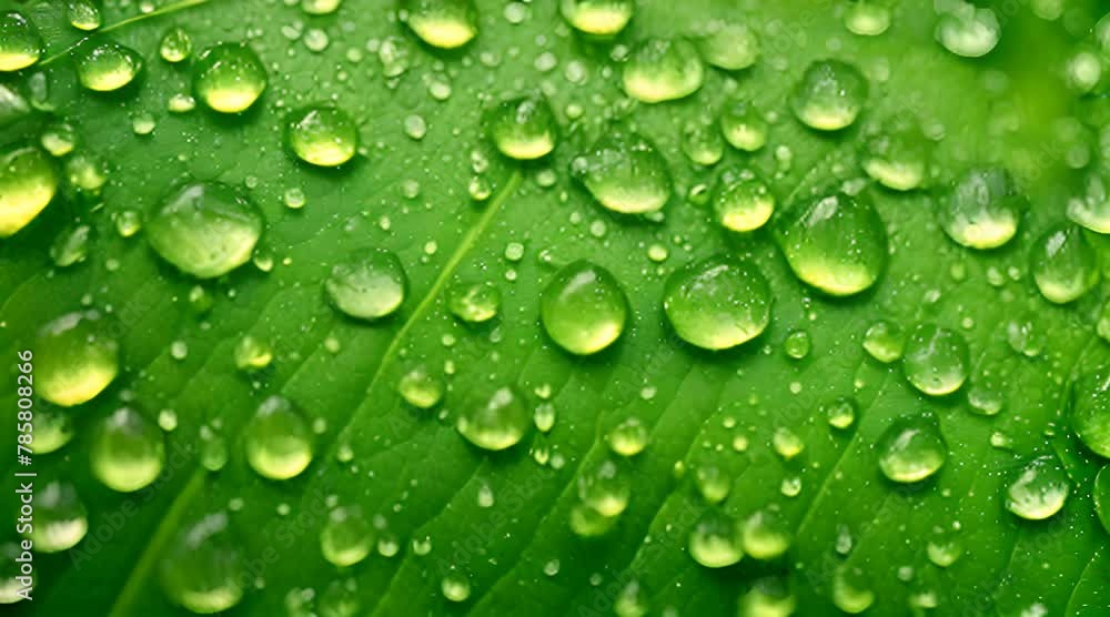 Macro Capture of Dew Drops on a Sunlit Green Leaf Macro Capture of Dew Drops on a Sunlit Green Leaf