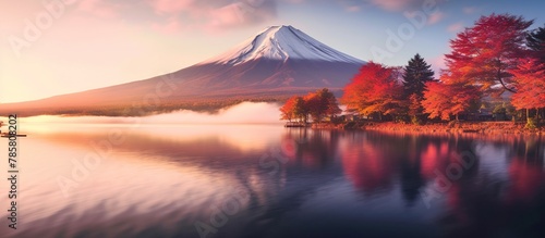 Mountain Fuji with morning fog and red leaves