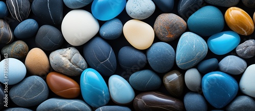 colorful pebbles on the beach as background, top view