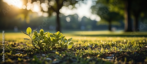 Green grass in the park with bokeh background and sunlight.