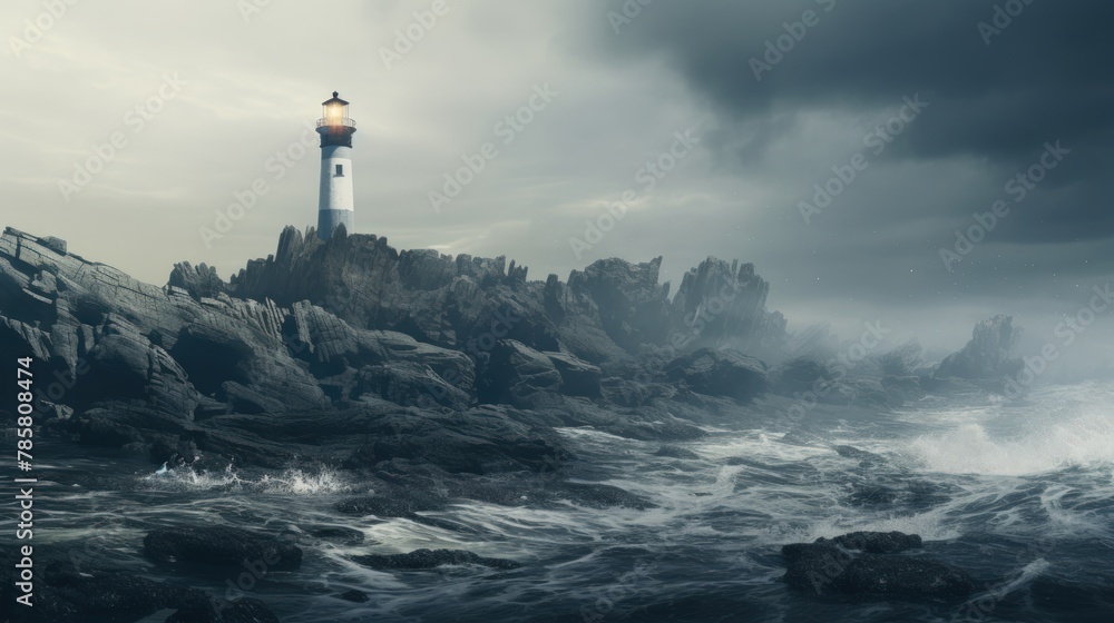 Lighthouse on the rocks in a stormy sea.