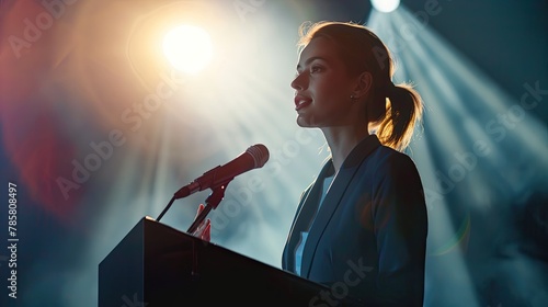 A charismatic businesswoman delivering a speech photo