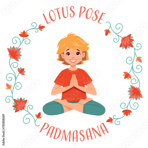 Kid girl doing yoga Lotus pose Padmasana. Fitness concept. Flat vector illustration on white