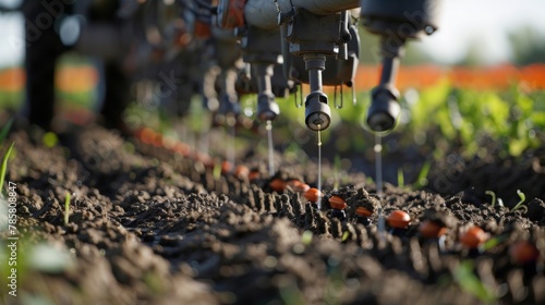 A closeup shot of a biofuelpowered planting machine carefully dropping seeds into the ground with a farmer adjusting the settings to ensure proper spacing. In the background rows of . photo