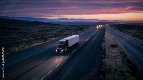 A lone American truck roaring down an open highway at dusk, its headlights cutting through the twilight, the surrounding landscape a blur of motion © Sasint