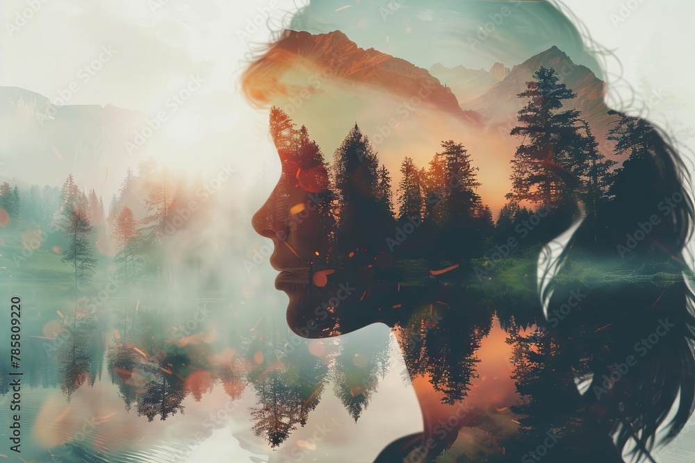 double exposure of pensive woman and serene natural landscape surreal digital illustration - obrazy, fototapety, plakaty 
