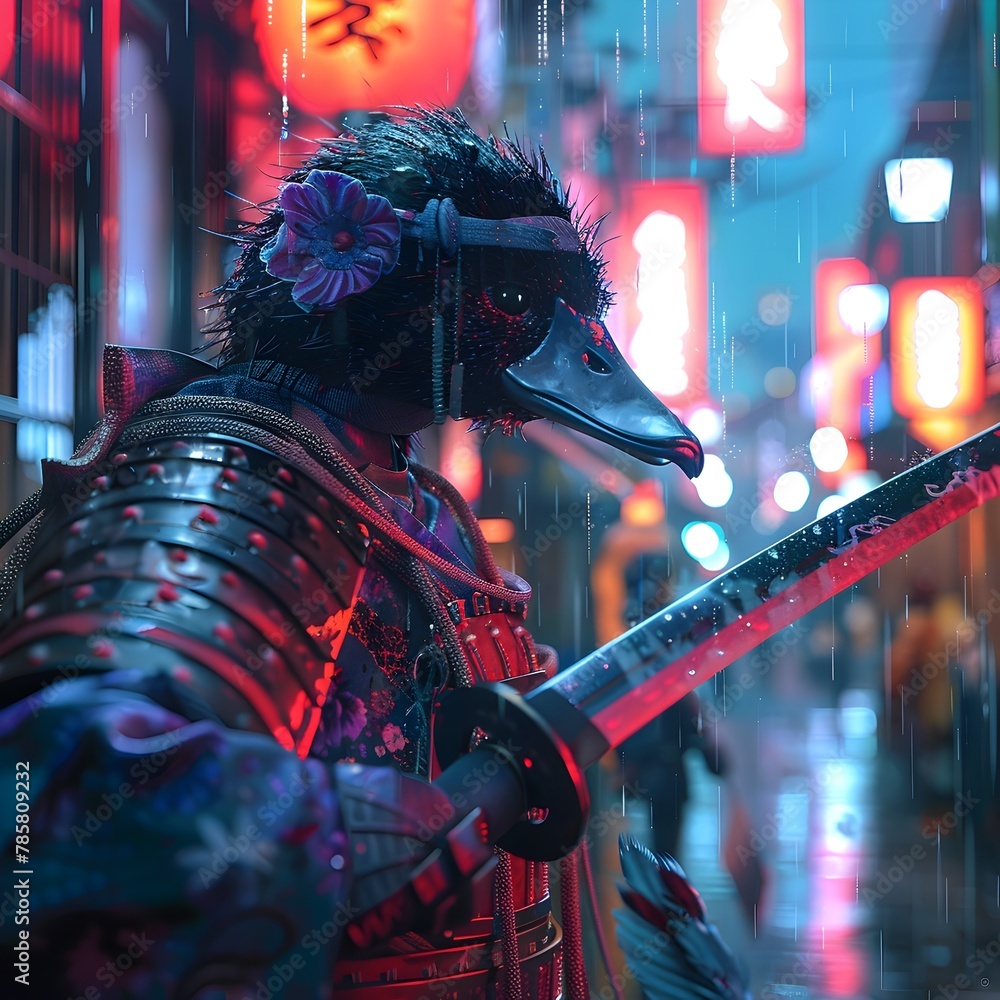 Warrior Duck Wielding Sword Amid Neon Lit City Skyline Warrior Duck Wielding Sword Amid Neon Lit City Skyline