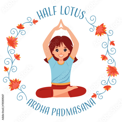 Kid girl doing yoga half Lotus pose Ardha Padmasana. Fitness concept. Flat vector on white