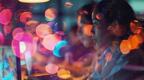 In the background of a warmly lit Bioscience Innovation Workspace abstract shapes and vibrant colors create a mesmerizing defocused backdrop. Amidst the blur focused researchers collaborate . photo