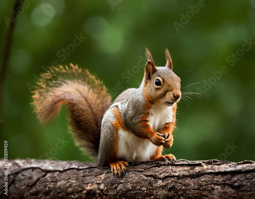 Squirrel on Tree Stump with Green Forest Background photo
