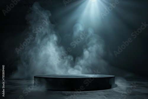 dramatic dark podium with smoke and spotlight abstract product display background