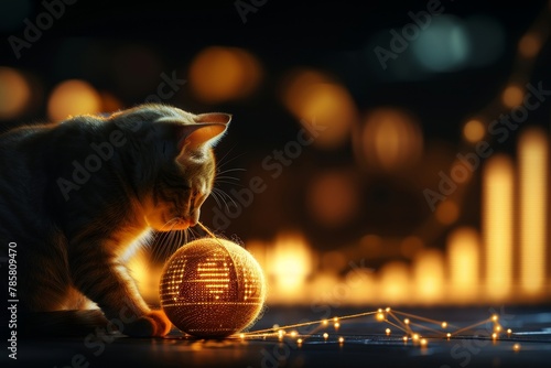 Cat playing with a golden ball of yarn that unravels to reveal a blockchain code, A whimsical representation of the curiosity and exploration of new technologies photo