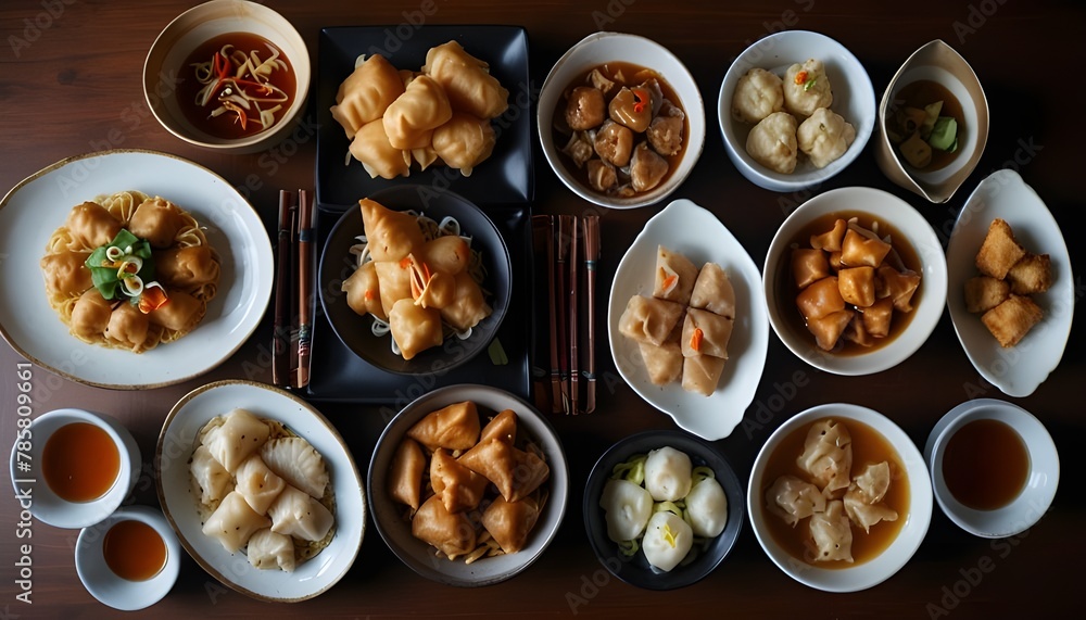 Various Chinese cuisine set. renowned Chinese meals displayed on a table. top view. Chinese restaurant concept. Various Chinese cuisine set. renowned Chinese meals displayed on a table. top view. Chinese restaurant concept.
