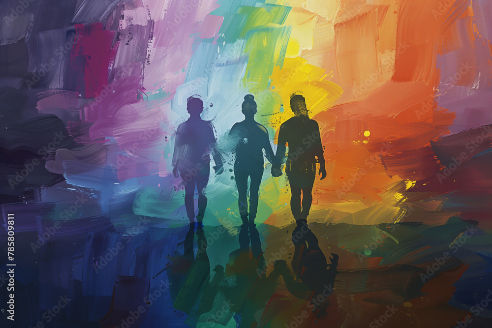 LGBT loving threesome to celebrate gay pride day, standing proudly together amidst the colorful hues of the pride flag, radiating love and solidarity LGBT loving threesome to celebrate gay pride day, standing proudly together amidst the colorful hues of the pride flag, radiating love and solidarity