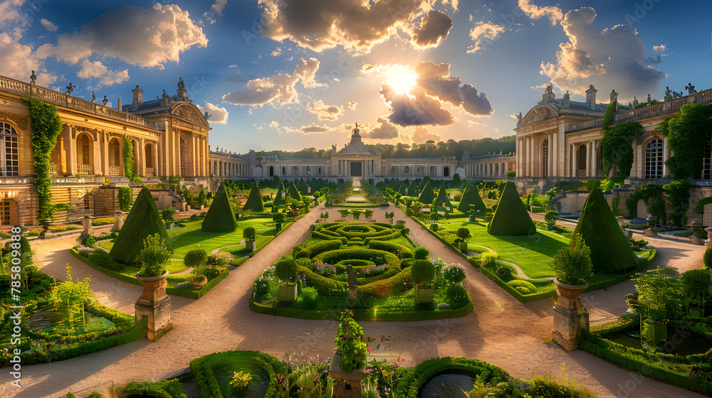 Garden and facade of the palace of Versailles, beautiful gardens outdoors near Paris, France, a royal chateau added to the UNESCO list. - obrazy, fototapety, plakaty 
