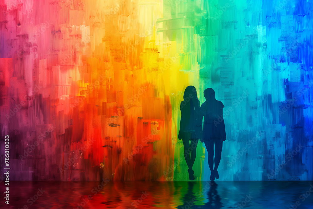 Lesbian couple in love with LGBT colors to celebrate gay pride day, their silhouettes entwined in front of the colorful hues of the pride flag, symbolizing their unity and love