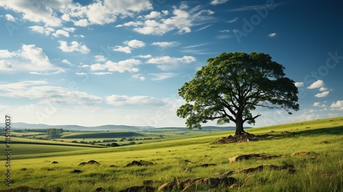 Lonely tree on a hillside with hills in the background, Solitary Tree on a Hillside