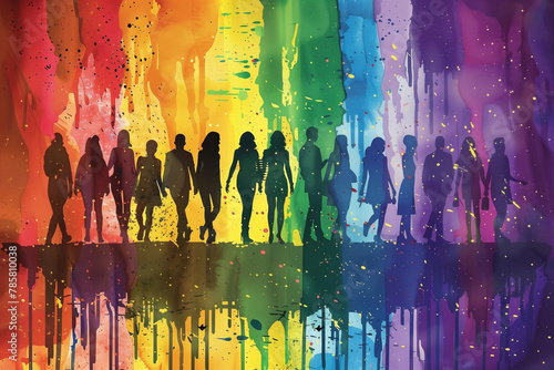 Group of LGBTQ people on a background of gay pride colors, their silhouettes filled with love and solidarity, against the rainbow backdrop of pride and diversity