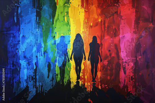 LGBT loving threesome to celebrate gay pride day, their silhouettes illuminated by the vibrant colors of the pride flag, symbolizing their unity and commitment to love