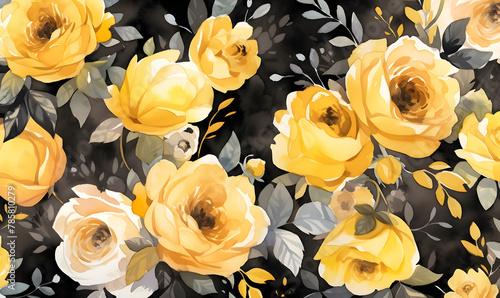 Fototapeta Naklejka Na Ścianę i Meble -  Black and yellow roses pattern, watercolor painting, Generative AI