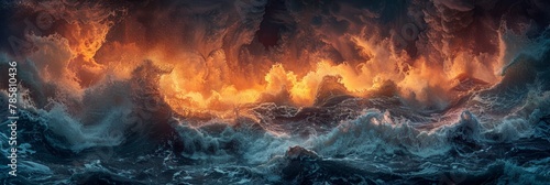 A mesmerizing painting depicting the contrasting elements of fire and water in an ocean setting, creating a dynamic and harmonious composition.