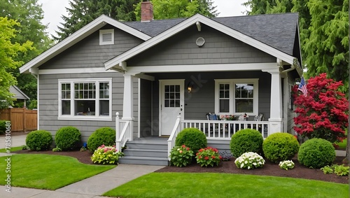Cute American house exterior with covered porch and flower pots, grass filled front yard. Northwest, USA photo