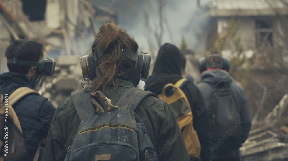 A group of survivors stand with backs to the camera faces obscured by masks and goggles as they trudge through the debris. . . A group of survivors stand with backs to the camera faces obscured by masks and goggles as they trudge through the debris. . .