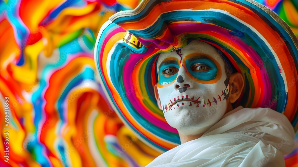  A man adorned with a colorful hat on his head and white costume makeup on his face, celebrating Cinco de Mayo against a backdrop of swirling colors. 
