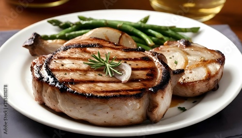 Grilled pork chops with caramelized onion and herbs