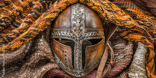 A close-up view of a helmet peacefully laid upon a soft, textured blanket. photo