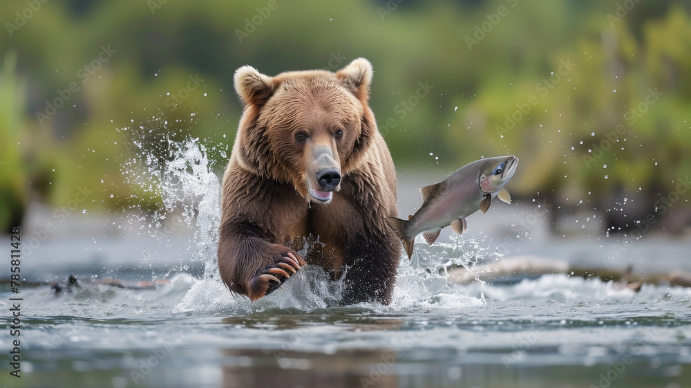 Obraz premium Bear Catching Salmon in River