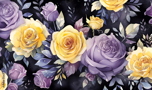 Dark purple and yellow rose pattern  watercolor painting Generative AI