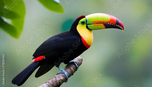 Keel-billed Toucan, Ramphastos sulfuratus, bird with big bill. Toucan sitting on branch in the forest, Guatemala. Nature travel in Costa Rica. photo