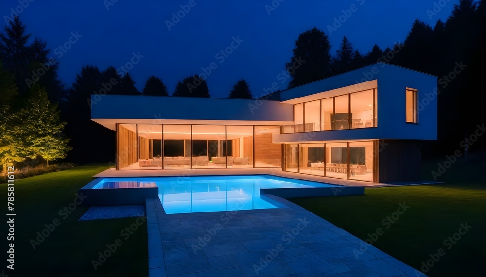 Modern villa with colored led lights at night. Nobody inside. Very modern house with lighted pool and wood around. The house is surrounded by nature in Switzerland with a large garden