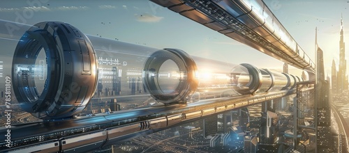 A network of elevated hyperloop tubes crisscrossing above a metropolitan skyline, with capsules whizzing by at breathtaking speeds, connecting distant parts of the city in minutes. photo