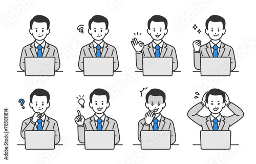パソコンを見ながらいろいろな表情･ポーズをする管理職･上司のセット【人物ベクターイラスト素材】