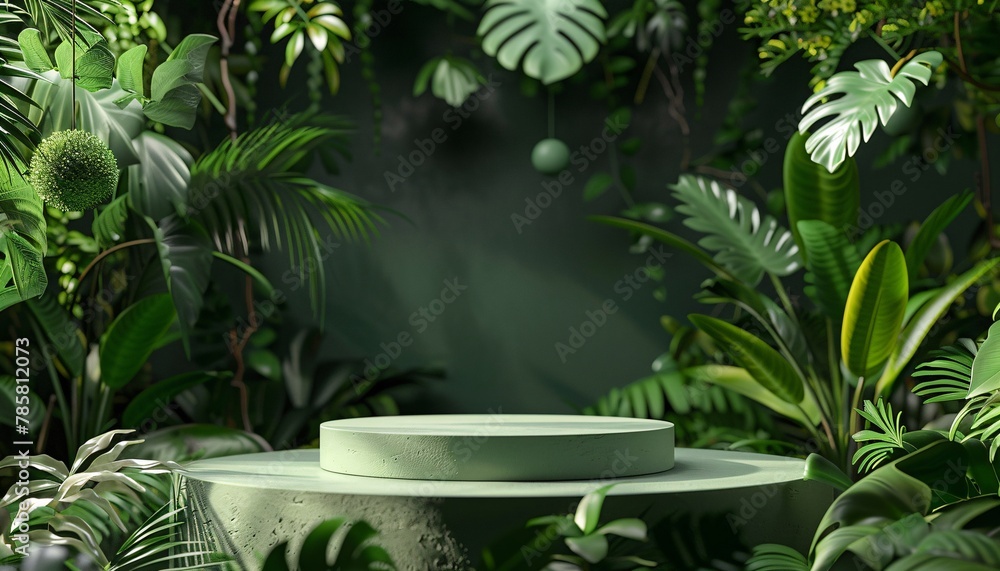 product display podium in green room with tropical plants. Product presentation theme. Nature and Organic cosmetic and food concept. 3D illustration rendering