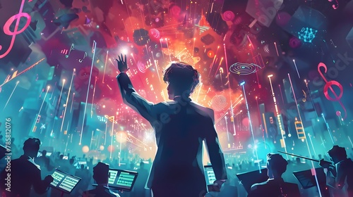 Digital orchestra conductor directing a symphony of holographic musical notes and instruments © Panupong Ws